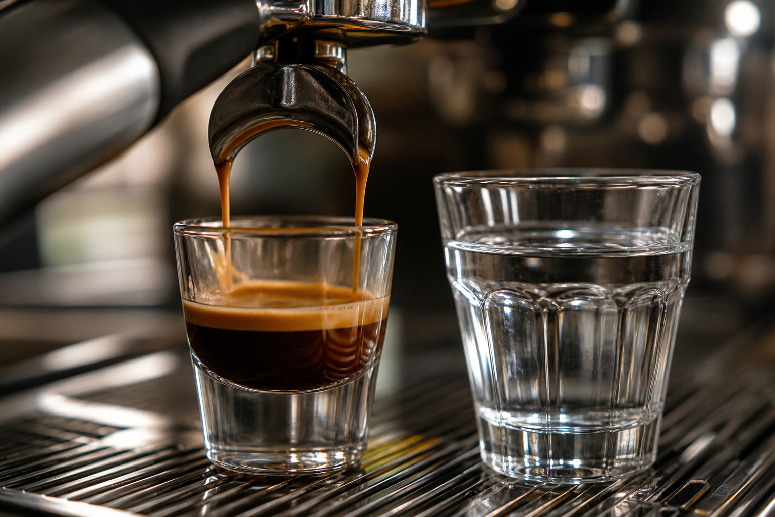 Extracción de espresso junto a un vaso de agua filtrada en una barra de café