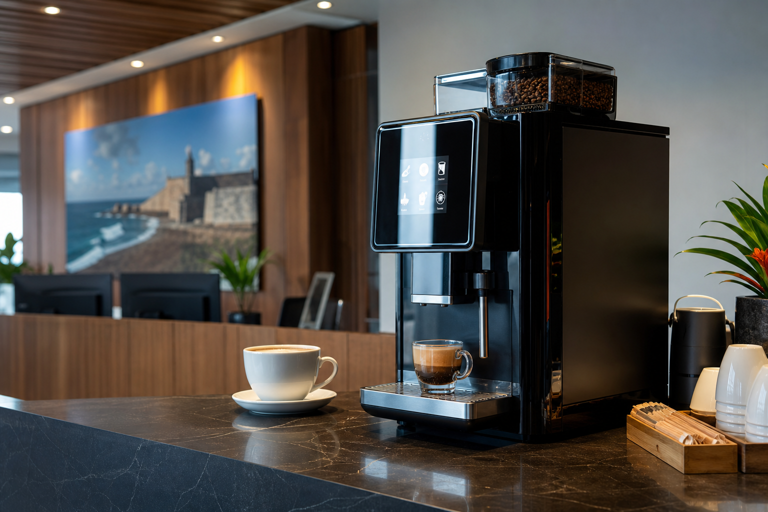 Máquina automática de café en una recepción moderna con una taza recién servida